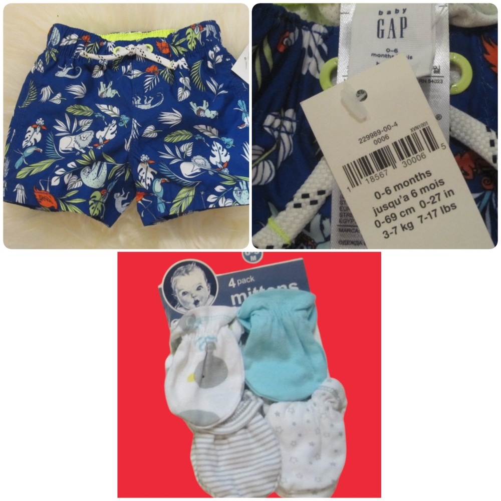 2/$18 swim trunks 0-6 mon & Gerber baby mittens